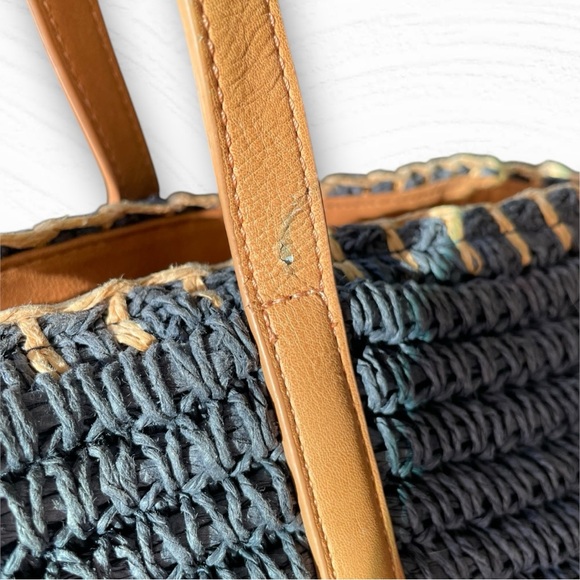 Talbots 🪢 Raffia Straw Tote Bag Navy w/ Tan Leather Straps & Tassel - Picture 12 of 14
